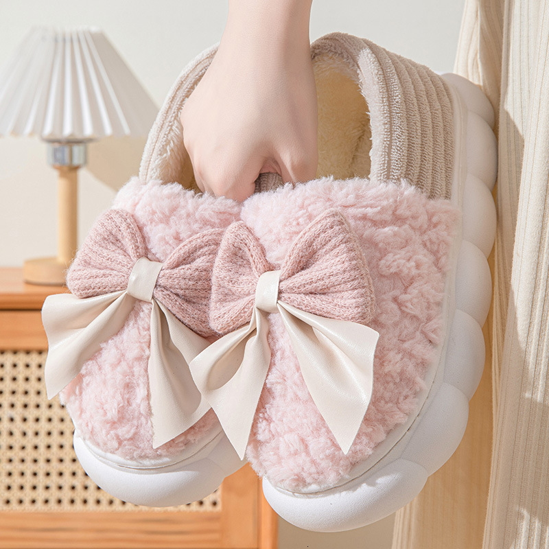 New Bowknot Heel Slippers Women, Thick Sole, Autumn and Winter Home Warm Maternity Shoes, Non-Slip Outdoor Cotton Shoes for Women ddmymarket