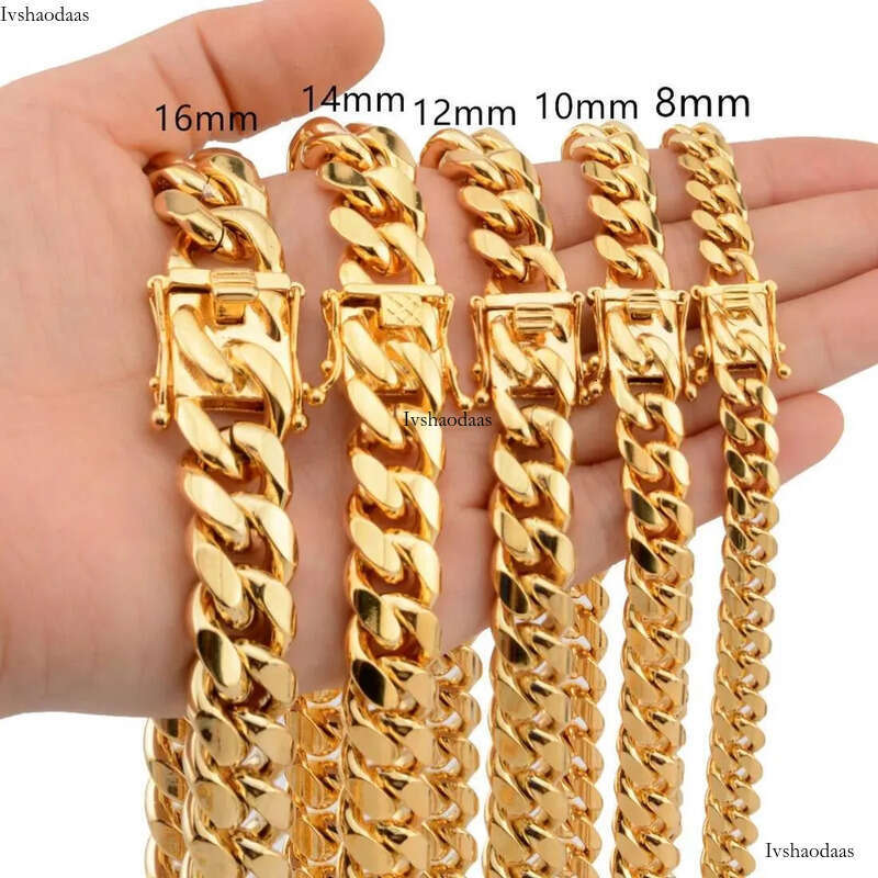 Moissanite jewelry Gold Miami Cuban Link Chain Necklace Men Hip Hop Stainless Steel Jewelry Necklaces Free door-to-door delivery