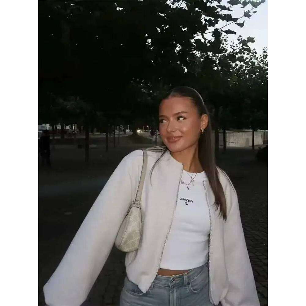 Ladies Fashion Autumn Winter Retro Round Neck Long Sleeve Elastic Hem Zipper Soft Bomber Jacket Women Coat Female