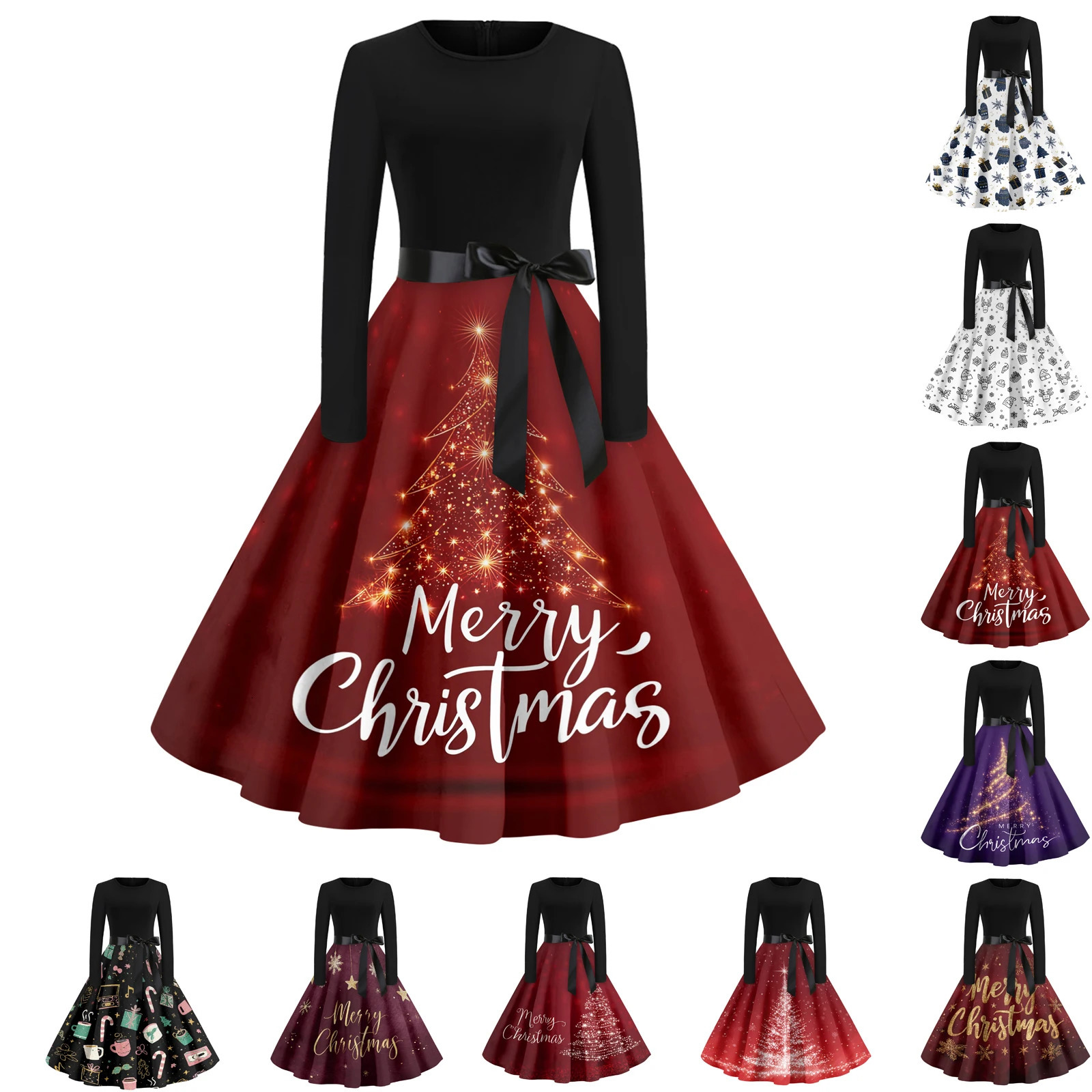 Ladies Casual And Fashionable Comfortable And Breathable Round Neck Christmas Print Retro Dress Suitable For Daily Wear 250930