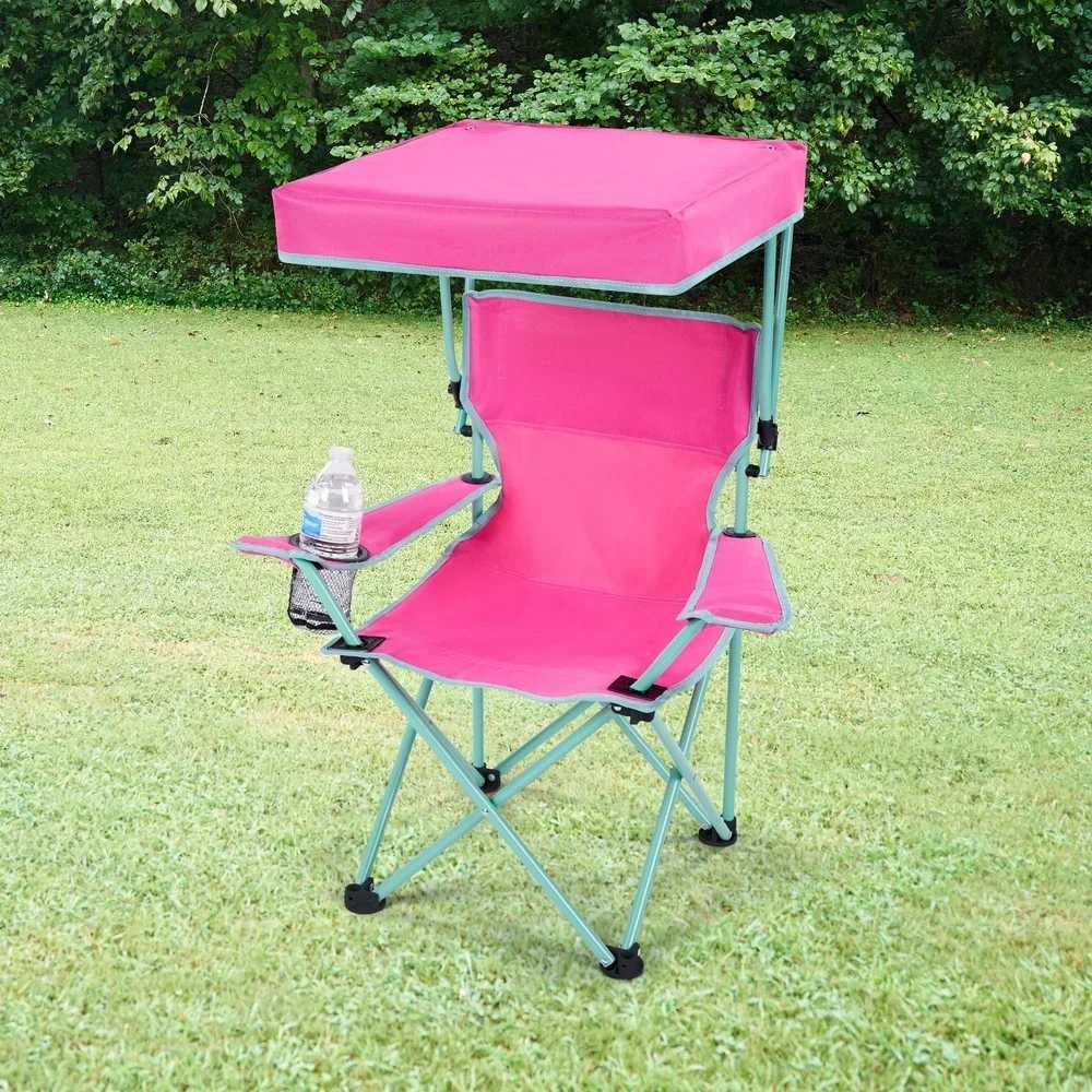 Kids Canopy Camp Chair Safety Lock Portable Outdoor Chair with Canopy Adjustable Sunshade Cup Holder Kids 125lb Capacity J2509301