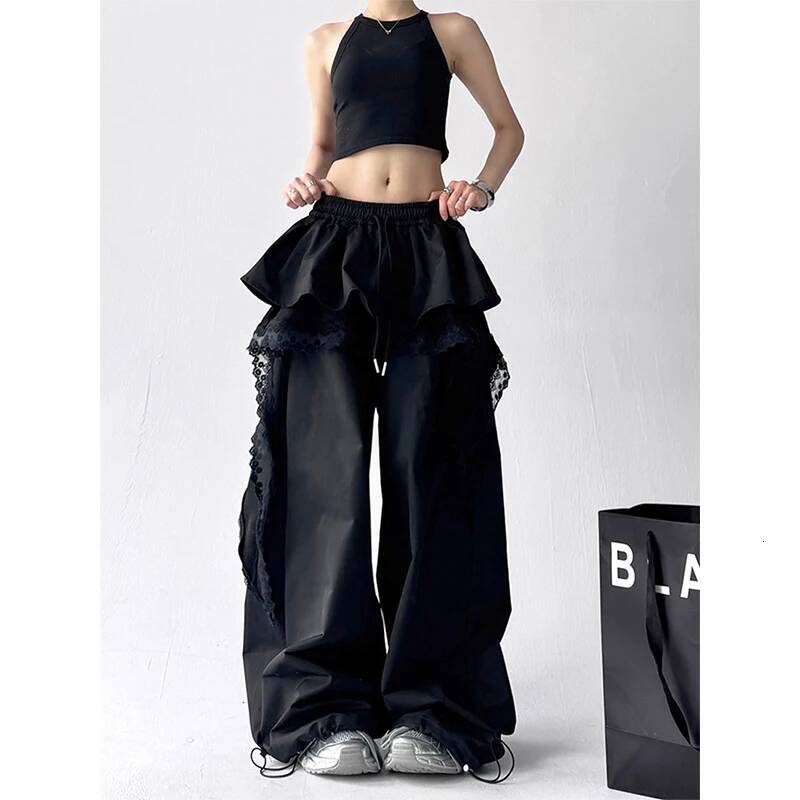Y2K Black Cargo Women Streetwear Lace Patchwork White Wide Leg Pants Summer Gyaru Haruku Korean Baggy Trousers New dongdumaoyi