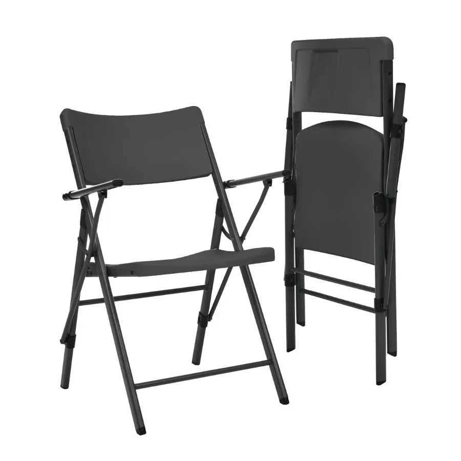 2pack of black commercial plastic folding chairs with armrests featuring a lightweight easytoclean design and durable cover J250930