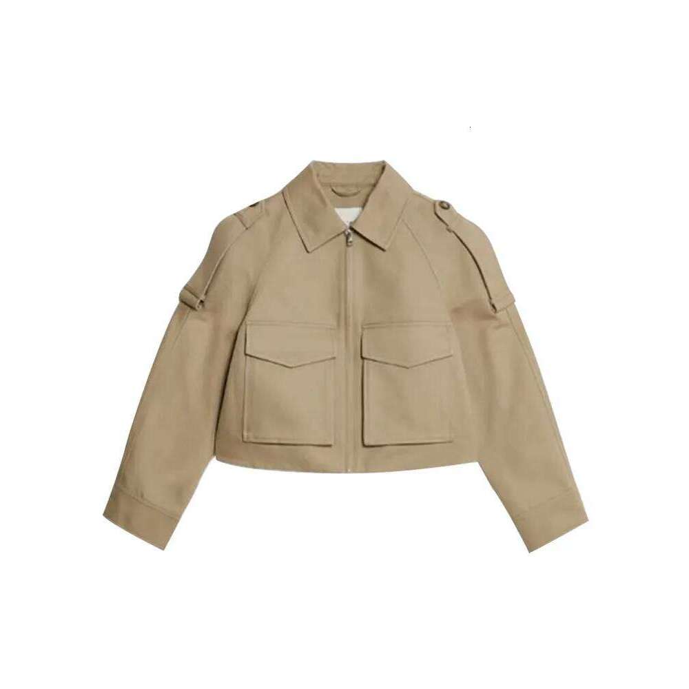 Vintage Women's Short Jacket Pockets Zipper Full Sleeve Khaki Green Thick Coats 2025 Spring Autumn Lady Loose Street Outwear