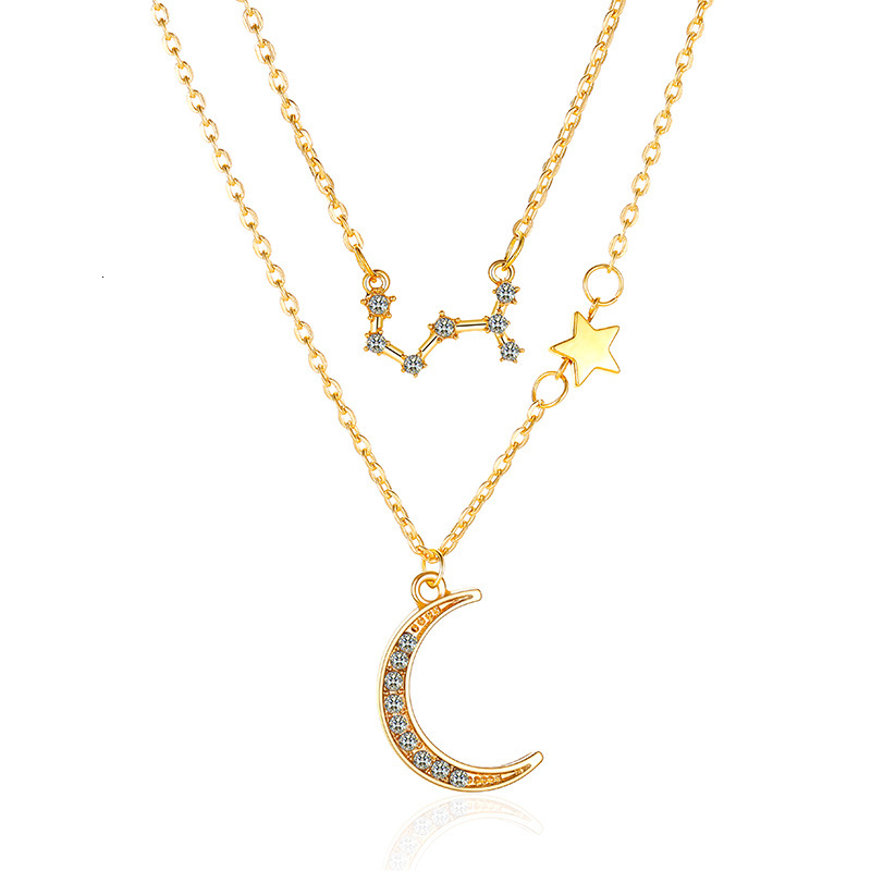 Double Layer Star Moon Collarbone Chain Elegant Inlaid Dia Zodiac Necklace Ins Style Internet Celebrity Accessory