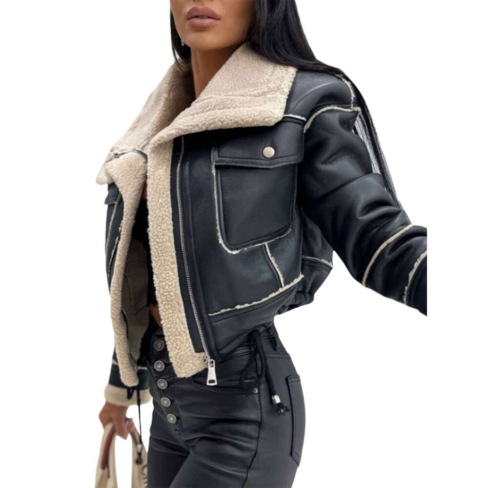 Women Leather Biker Jacket With Faux Fur Trimmed Collar Vintage Moto Coat Warm Winter Outerwear