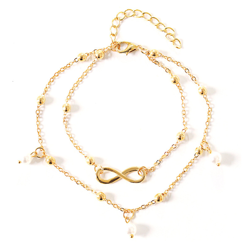 Fashion Hot-Selling Pearl Figure-8 Anklet Women Handmade Beaded Double Chain Accessories Beach Foot Jewelry