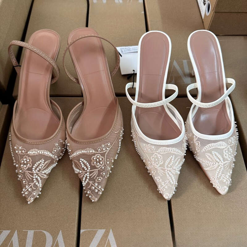 White High Heels for Mesh Embroidery Pointed Stiletto Closed Toe Sandals Women Back Strap Mules Wedding Shoes