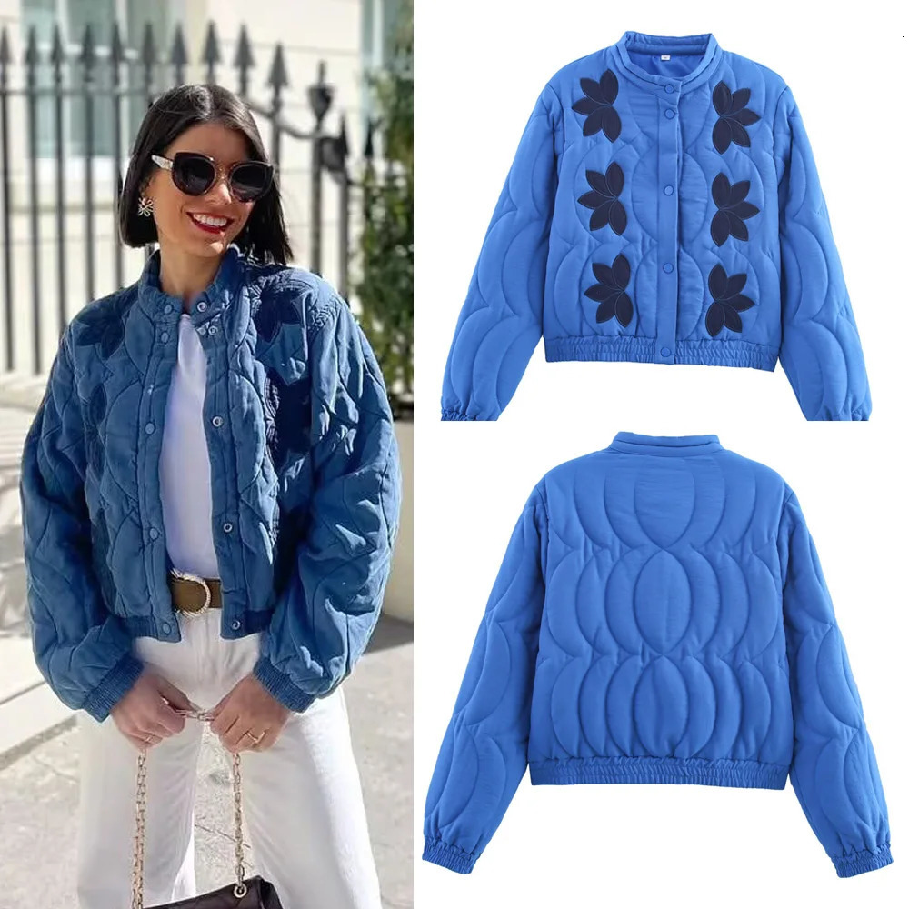 2025 Autumn Women Quilted Crop Coat Floral Embroidery Single Breasted Short Jacket Winter Warm Vintage Long Sleeve Outerwear 250930