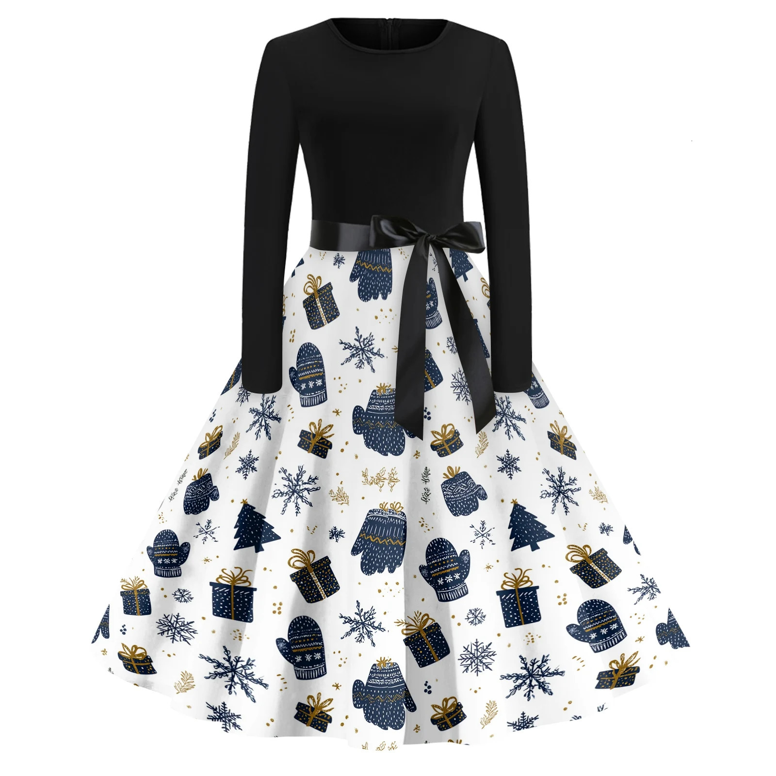 Ladies Casual And Fashionable Comfortable And Breathable Round Neck Christmas Print Retro Dress Suitable For Daily Wear 250930