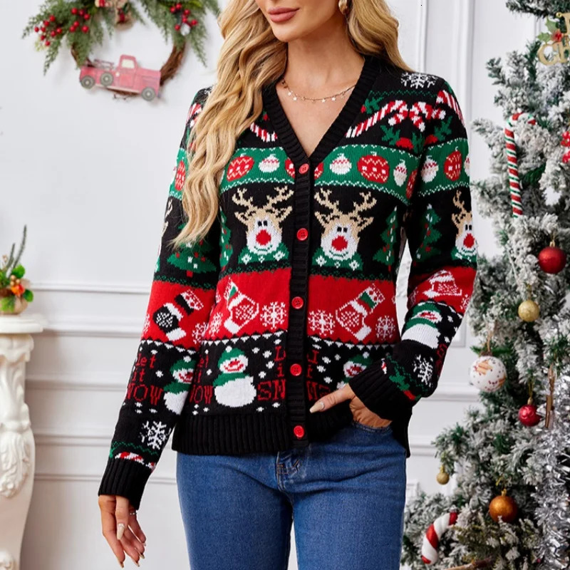 Merry Xmas Holiday Look Womens Knitted Sweater Cartoon Print Full Sleeve Christmas Cardigans Knitwear Warm Soft Jacket Coat Top 250930