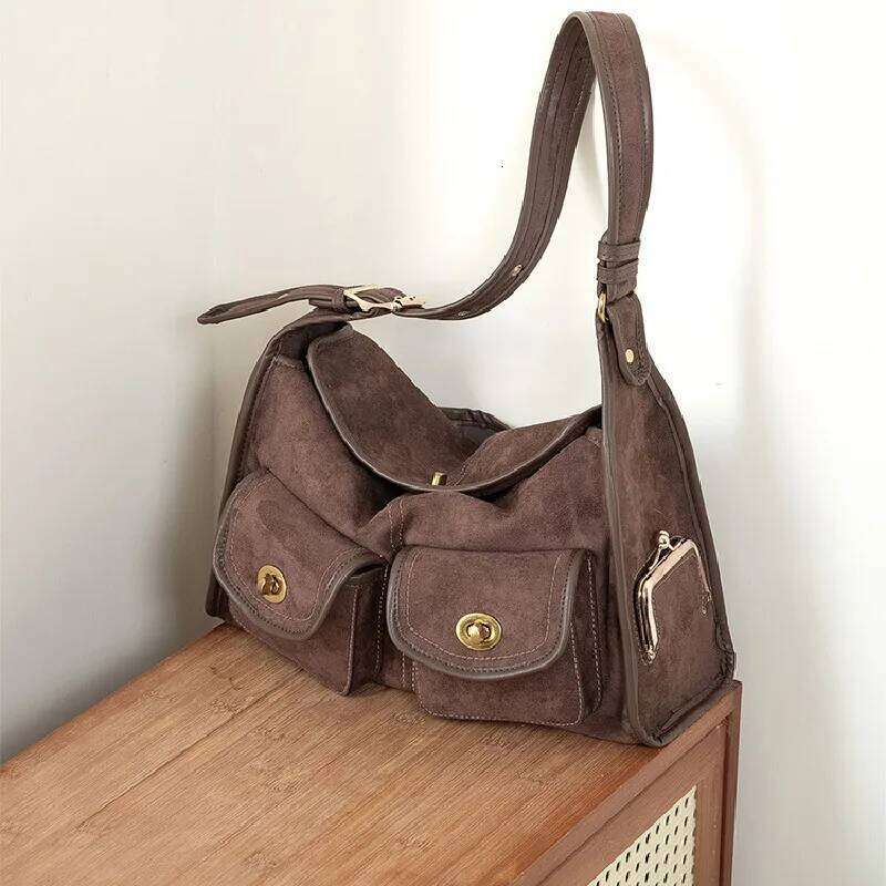 Casual Commuter Large Capacity Suede Pillow Single Shoulder Crossbody Bag Vintage Style Polyester Lining Zipper Closure