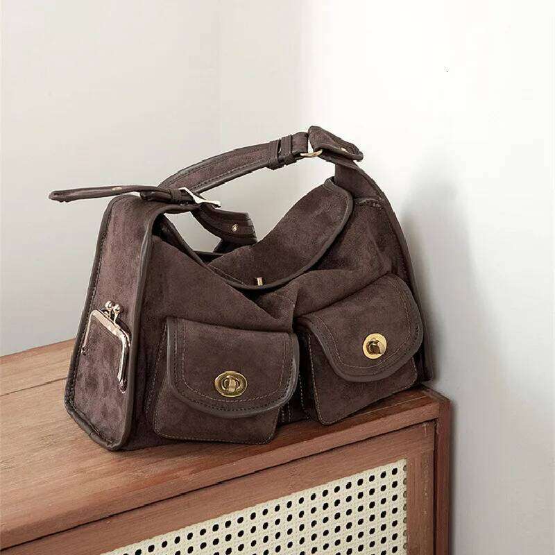 Casual Commuter Large Capacity Suede Pillow Single Shoulder Crossbody Bag Vintage Style Polyester Lining Zipper Closure