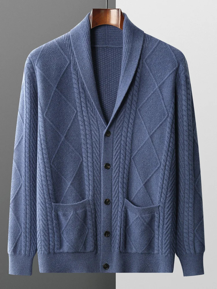 Men Wool Sweater Cardigan Smart Casual Autumn Winter Long Sleeve 100 Merino Knitwear Thick Cashmere Soft Twist Flower Tops 250929