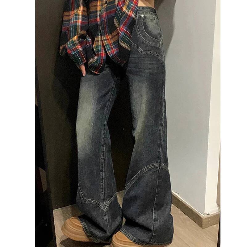 Y2K Spicy Girl Dark Series Wide Leg Jeans Women's New Street Splicing Loose High Waist Slimming Flare Pants dongdumaoyi