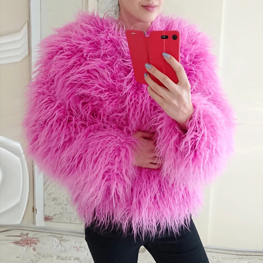 Colorful Warm Faux Women Fur Coat Loose Black White Pink Plush Female Jacket Autumn Winter Shaggy Outerwear 250930