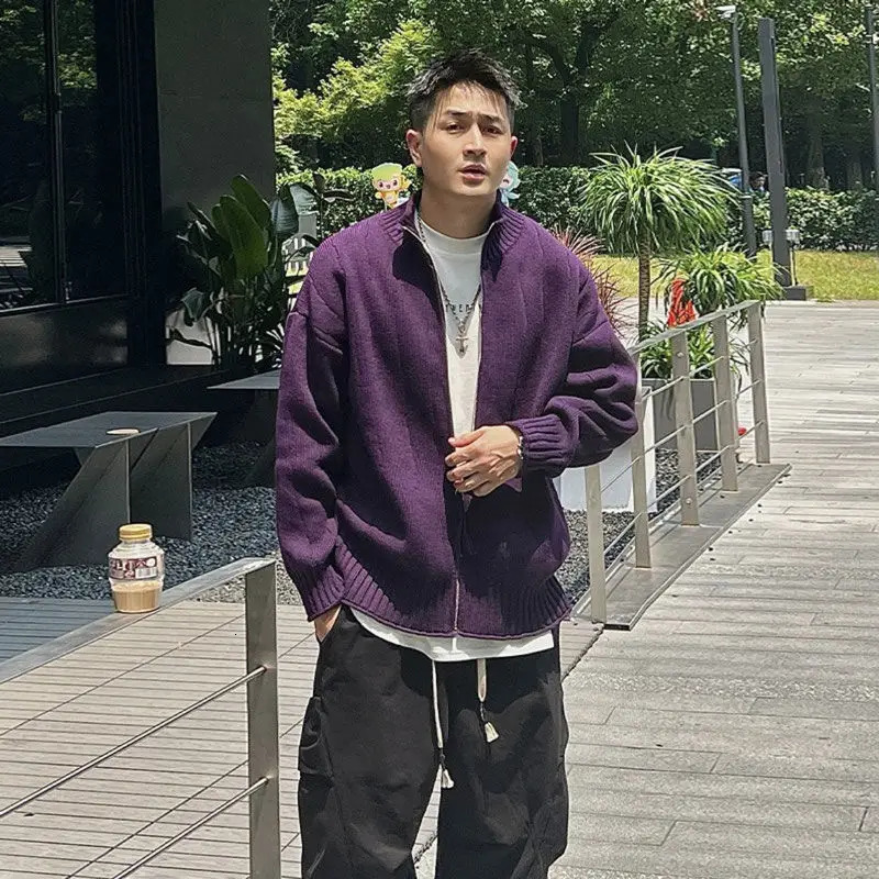 Knitted Cardigan Male with Zipper Jackets Solid Color Mens Sweaters Loose Purple Long Sleeve Original High Quality Woven 250929