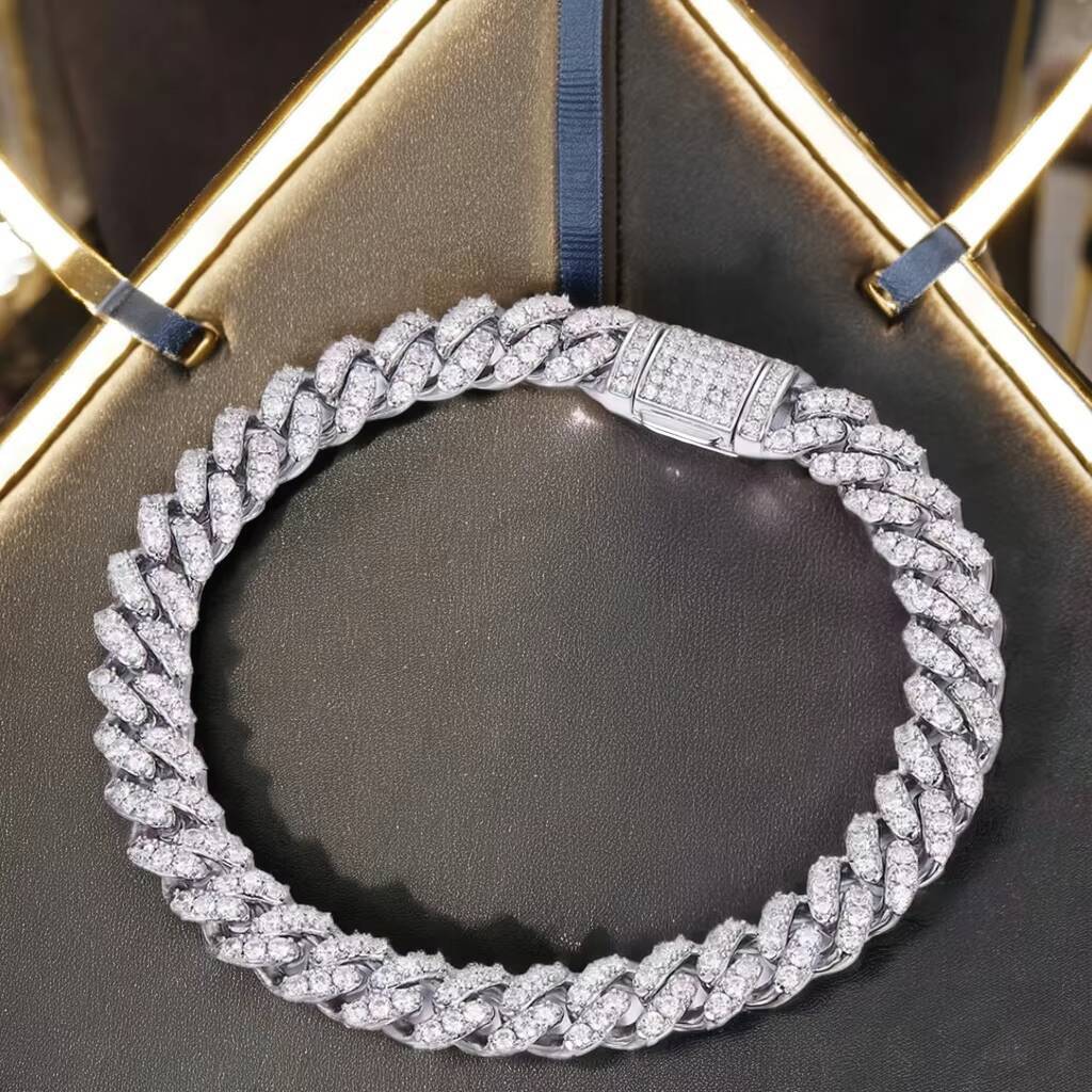 Hip Hop Rapper Jewelry 14MM Moissanite Diamond Chain 925 Sterling Silver Moissanite Cuban Bracelet