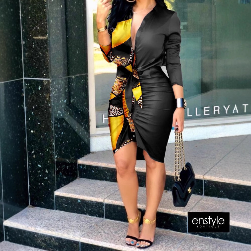 L105Summer V-neck lace-up solid color long-sleeved mid-length shirt dress for women