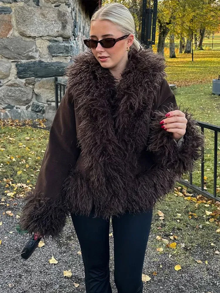 Vintage Solid Faux Fur Jacket Casual Plush Lapel Open Coats Female Autumn Winter Trendy Elegant Warm High Street Outwear 250930