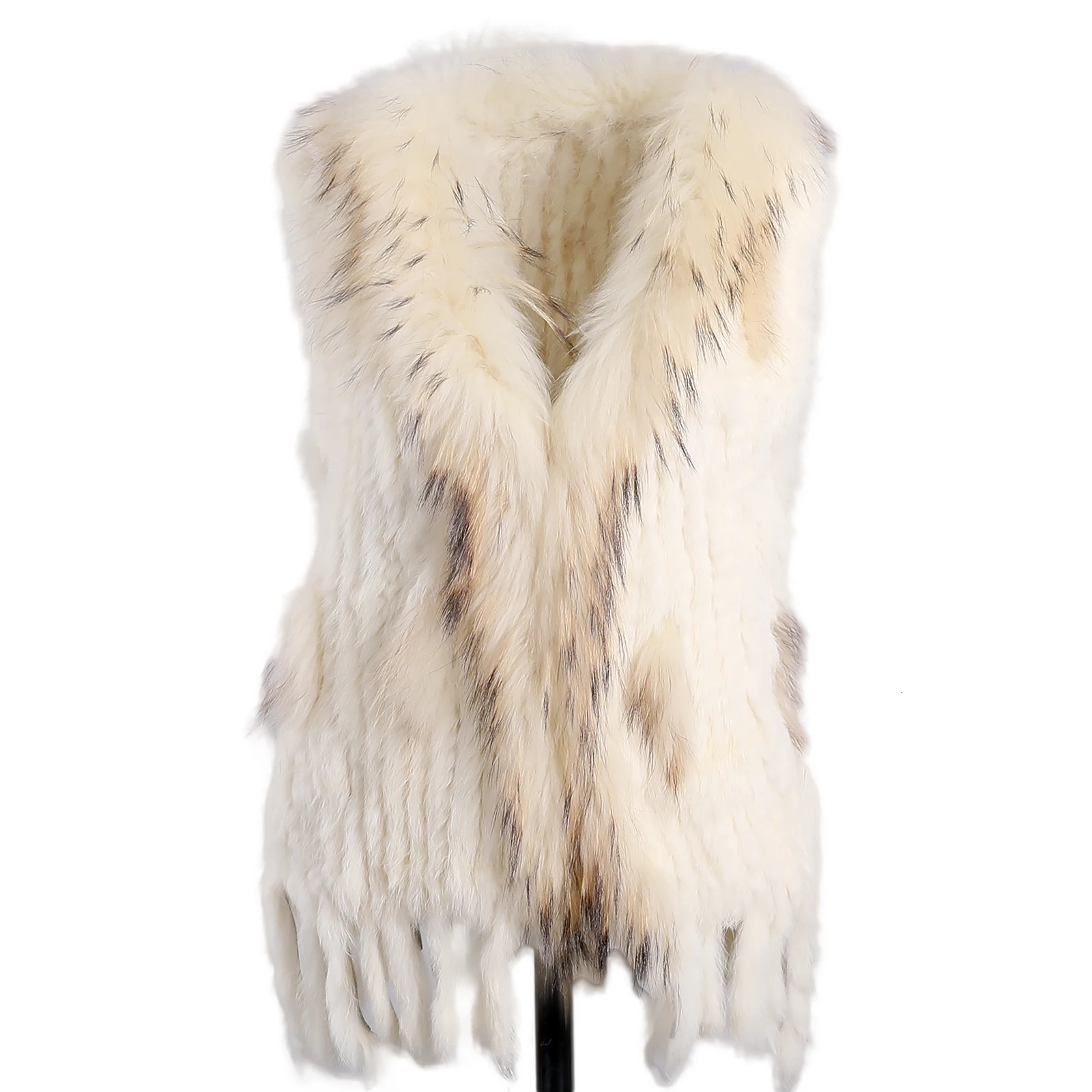 BOONJOVIA Womens 100 Real Rabbit Fur Knitted Vest Raccoon Trim Collar Gilet Lady Fashion Waistcoat For Autumn Winter 250930