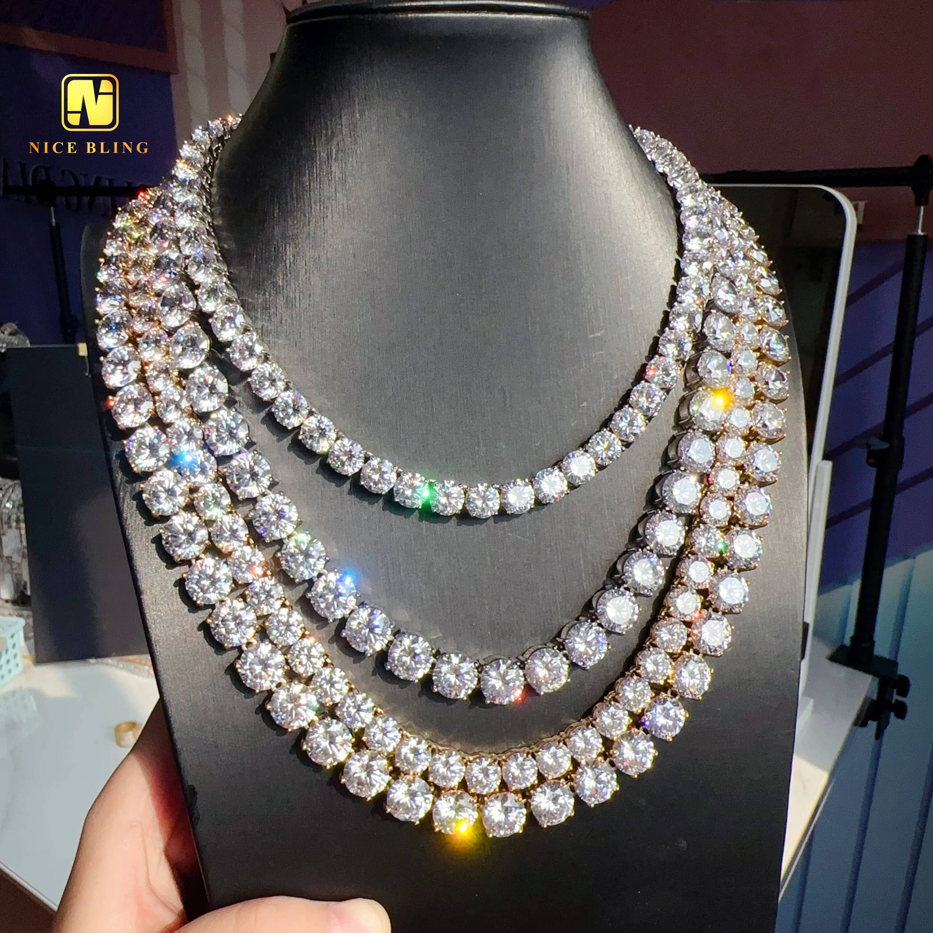 Big Size Iced Out Moissanite Tennis Chains 18k Gold Pvd Plated 10mm 316l Stainless Steel Tennis Necklace and Bracelet for Men Women