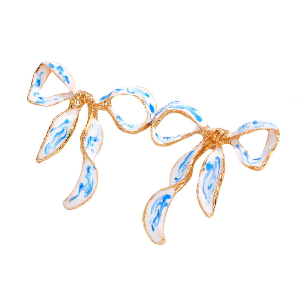 National Style Elegant Fresh Simple Handmade Oil Drop Bowknot Exaggerated Blue and White Porcelain Color Painted Earrings for Women