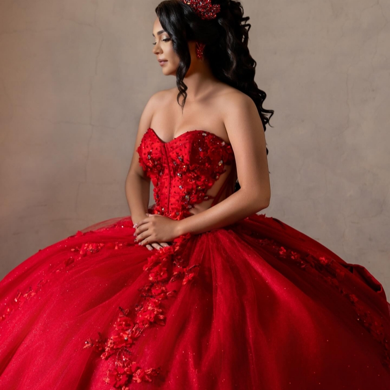 Red Quinceanera Dresses Off The Shoulder Applique Flower Beading Crystal Bow Tull Party Birthday Sweet 16 Dress Vestidos 15 De Anos