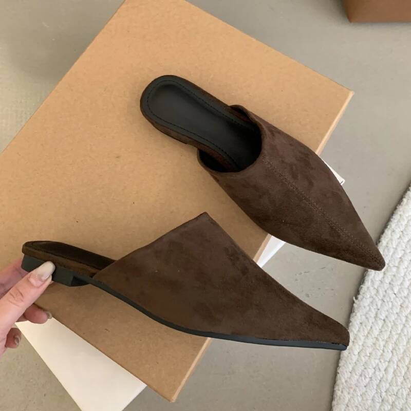 Retro Faux Suede Pointed Toe Low Heel Mule Slippers for Women Fashion Summer Flats Beach Sandals Casual Comfortable House Shoes ddmythur