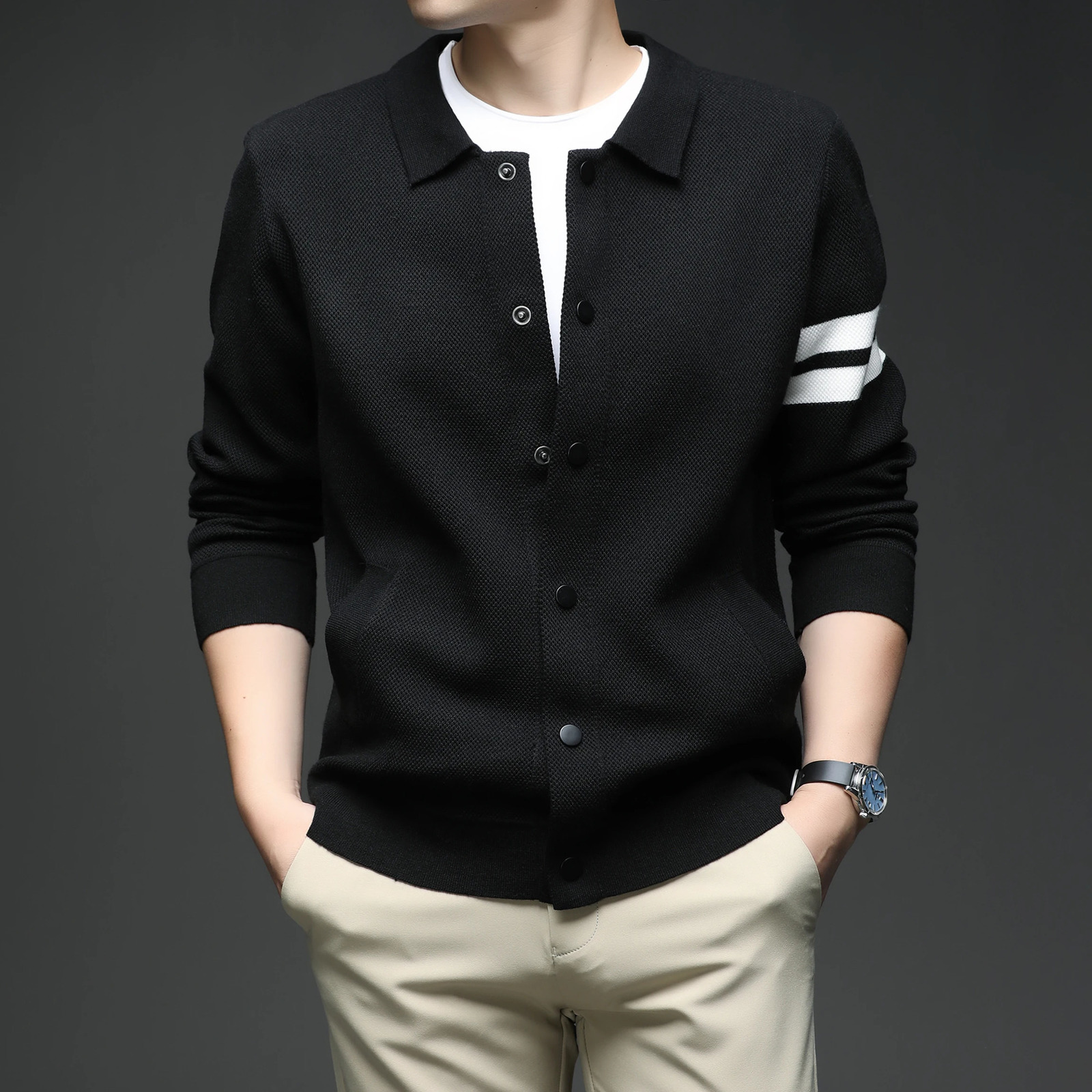 Mens knitted cardigan collar autumn and winter mens sweater fashion versatile leading jacket 250929