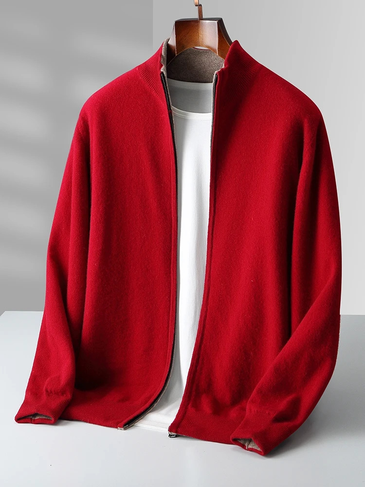 Autumn Winter Men 100 Merino Wool Stand up Collar Knit Cardigan Sweater Doublesided Thickening Zipup Cashmere Sweat 250929