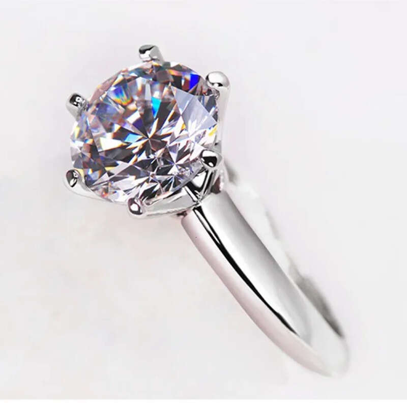Real S Sterling Sier Classical Six Claw Ladies Jewellery Round Cut White Lab Moissanite Dia Solitaire Party Elegant Women Crown Ring Gift