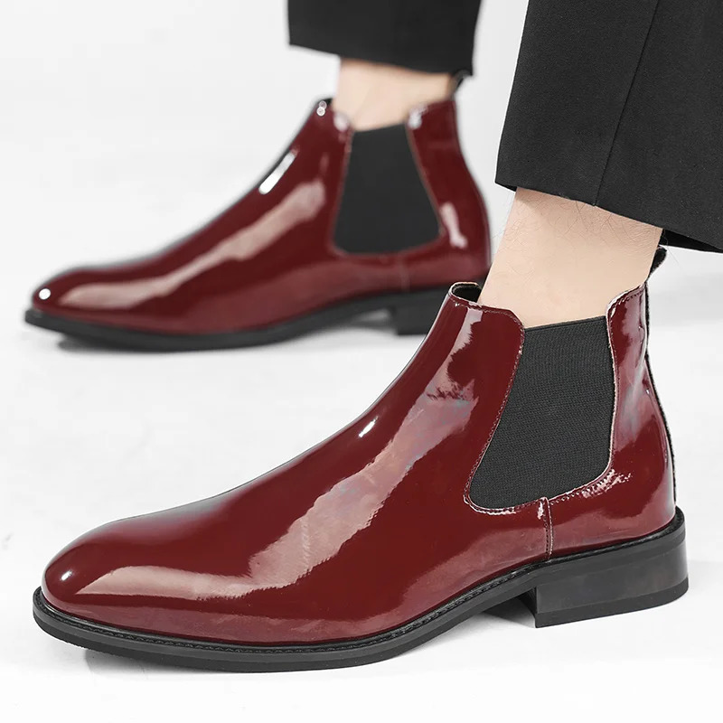 Chelsea Boots for Men Patent Leather Black Buckle Ankle Round Toe Business Classic Handmade Men Short Boots Botas De Hombre 250930