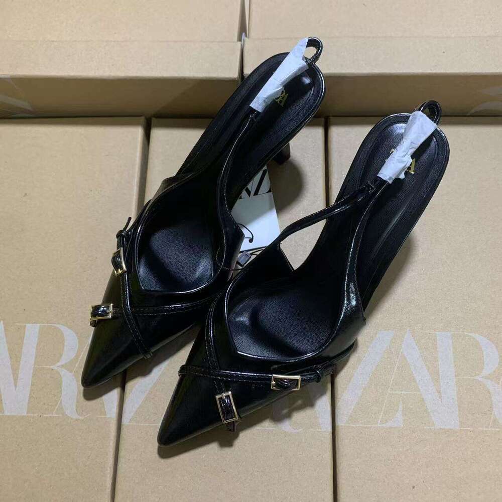 2025 New Black French Cross Buckle Fashion Women Pointed Toe High Heels Outdoor Wear Back Strap