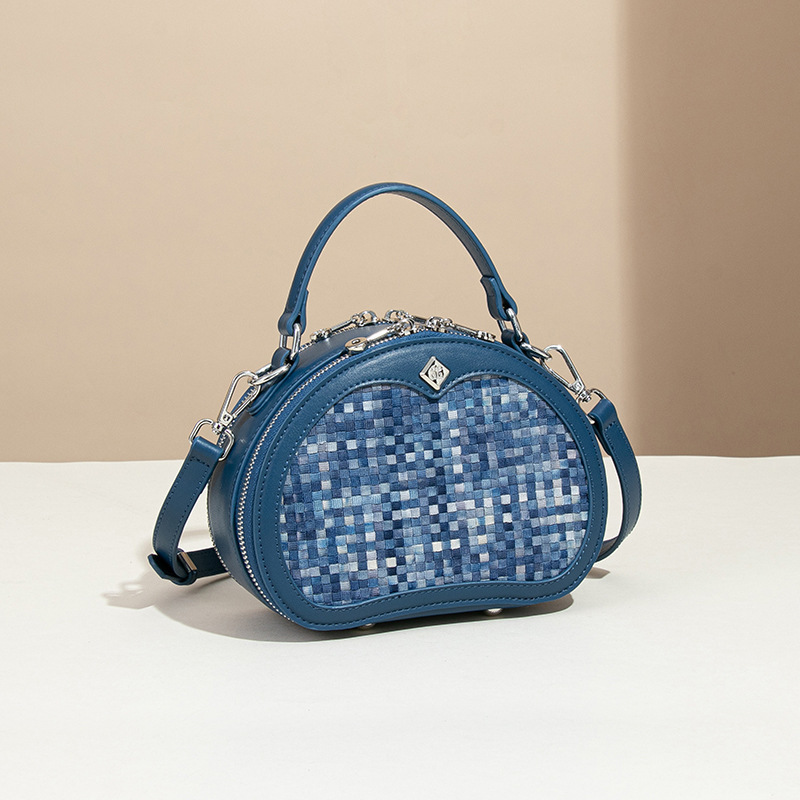 New Fashionable Women's Unique Style, Single Shoulder Crossbody Bag, Woven Denim Blue Handbag, Studded Round Bag