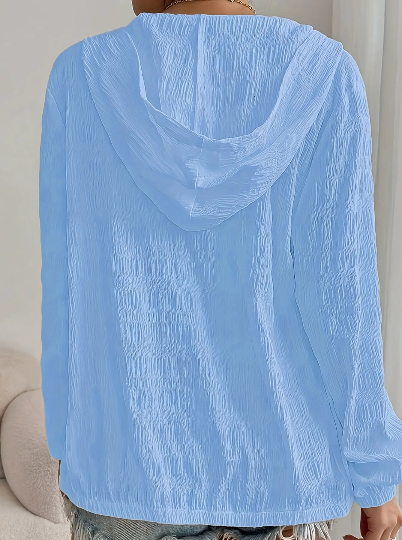 Sky blue Womens Oversized Woven Hooded Casual Jacket Loose Fit Comfortable Outerwear for All Season ssky 250930