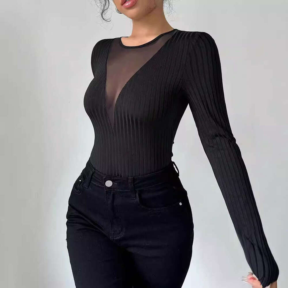 2025 New Women's Sexy Front Chest Mesh Patchwork Hollow Out Solid Color Long Sleeve T-Shirt Slimming Top