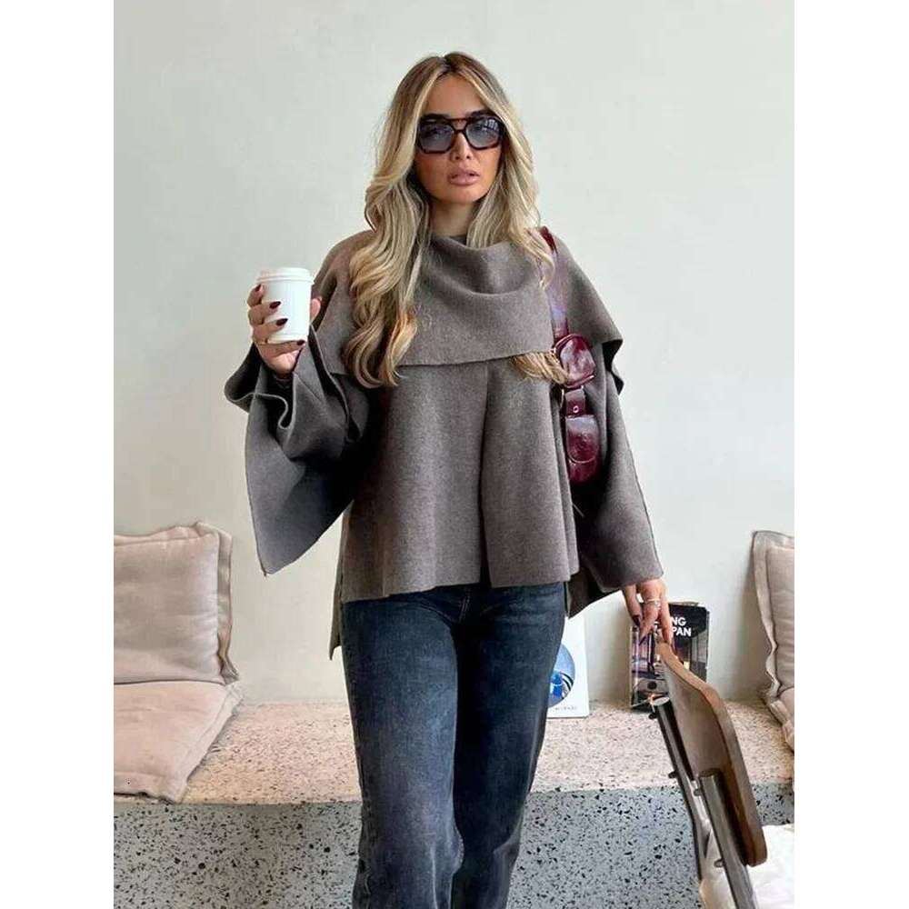 Ladies Autumn Winter Women Casual Commuter Knitted Loose Oversize Coat Asymmetric Elegant Split Chic Scarf Jacket