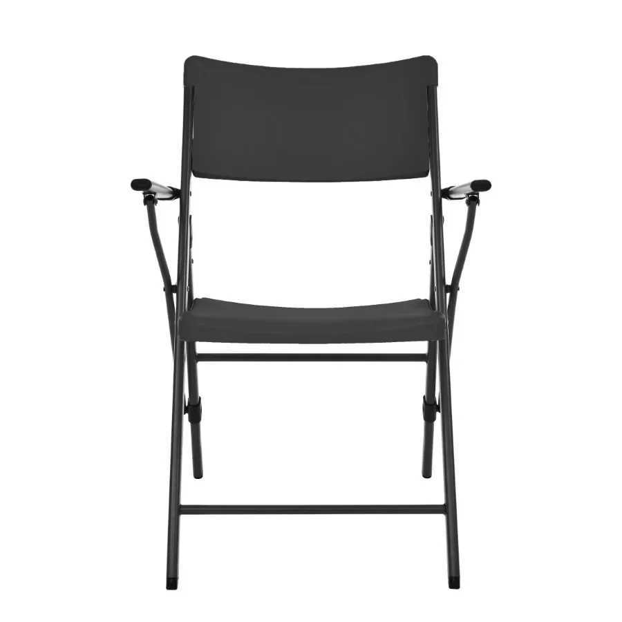 2pack of black commercial plastic folding chairs with armrests featuring a lightweight easytoclean design and durable cover J250930