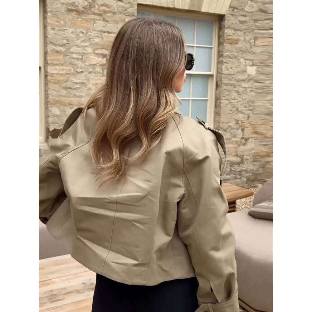 Vintage Women's Short Jacket Pockets Zipper Full Sleeve Khaki Green Thick Coats 2025 Spring Autumn Lady Loose Street Outwear