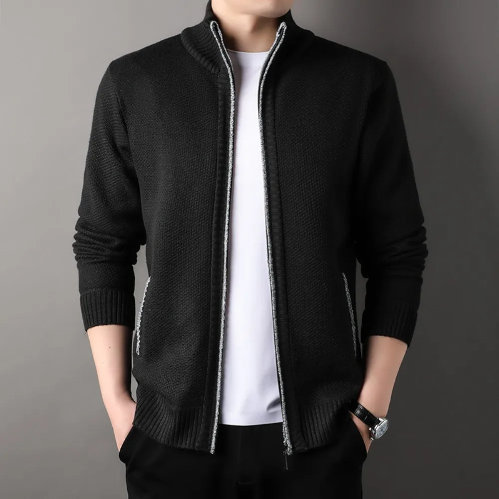 Mens Standup Collar Knit Sweater Autumn Winter Cardigan Tops Korean Slim Solid Color Sweatercoat Jacket 250929