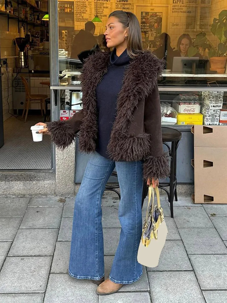Vintage Solid Faux Fur Jacket Casual Plush Lapel Open Coats Female Autumn Winter Trendy Elegant Warm High Street Outwear 250930