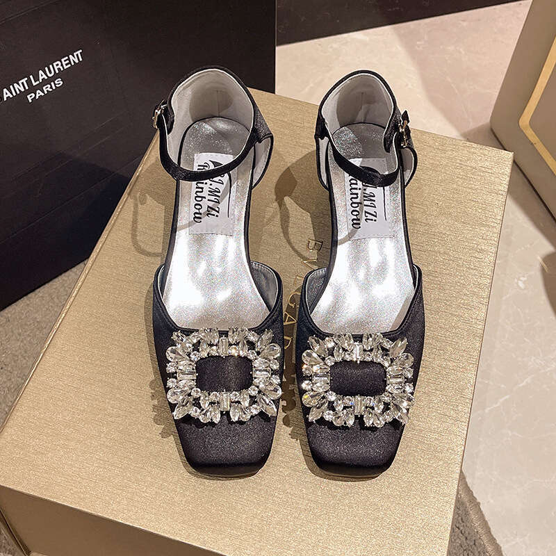 2025 Spring New French Style Toe Silver Designer Shoe Rhinestone Square Buckle Single Bowknot Chunky heel Mary Jane Shoes Fashion Sandals