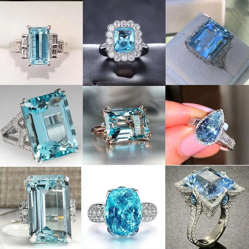Wholesale Bulk Aquamarine Cluster Rings Sier Wedding Engagement For Women Huge Sky Blue Cubic Zircon Prong Setting Valentine's Gift