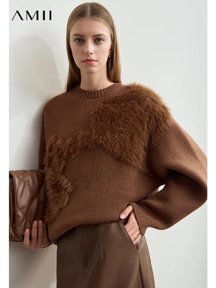 Amii Sweaters Women 2025 Winter Christmas Mink Strawberry Jacquard Oneck Sweater Pullover Loose Casual Top 12424098 250930