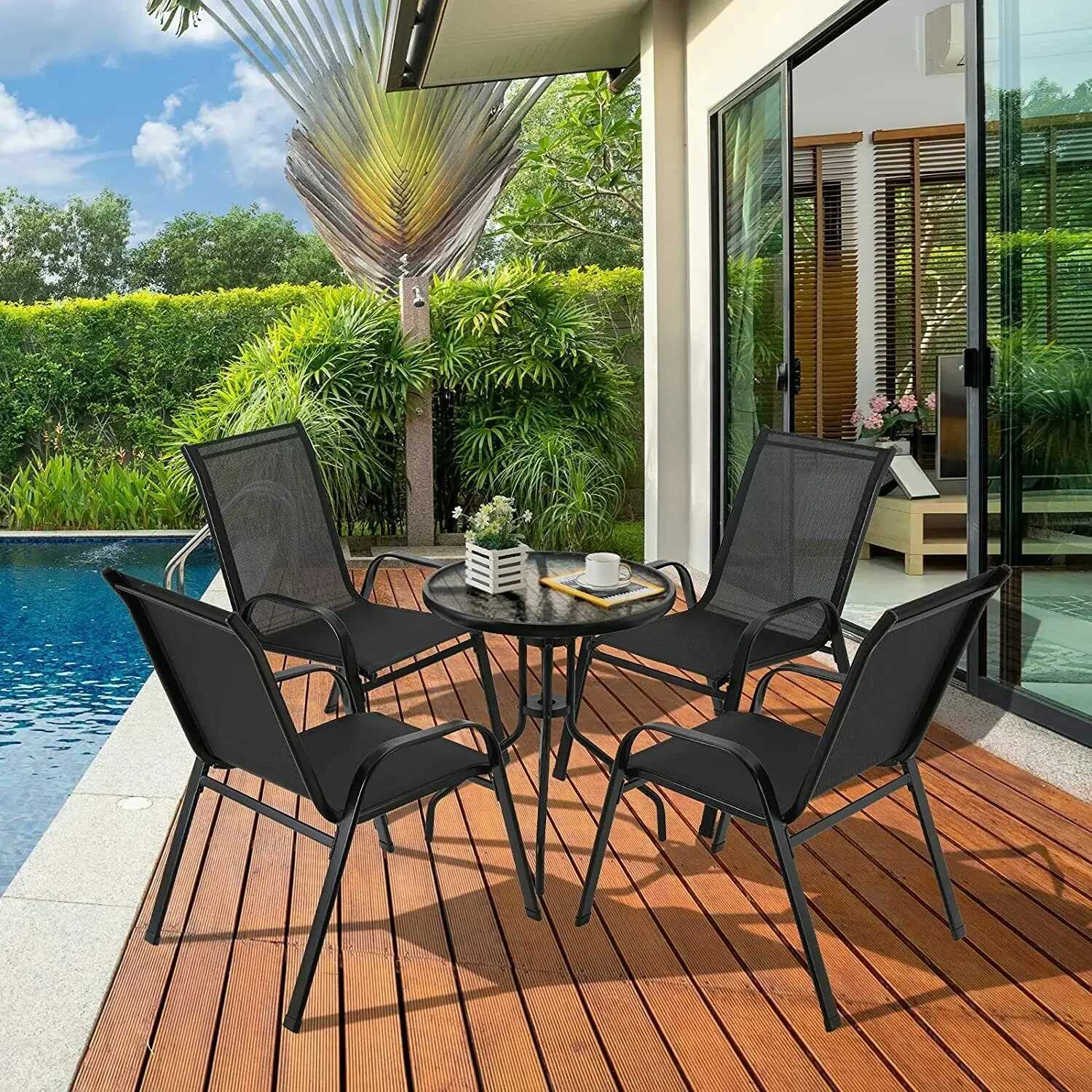 4PCS Garden Chairs SteelironTeslin Fabric Folding High Back Balcony Chair Camping Chair Outdoor Seating Group Black J250930