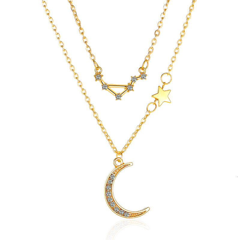 Double Layer Star Moon Collarbone Chain Elegant Inlaid Dia Zodiac Necklace Ins Style Internet Celebrity Accessory