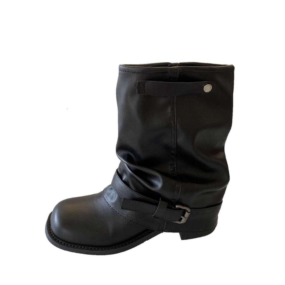 Cowhide Large Tube Wrinkled Pile 2025 New Western Cowboy Cuff Chunky heel Short Designer Shoe Boots for Women