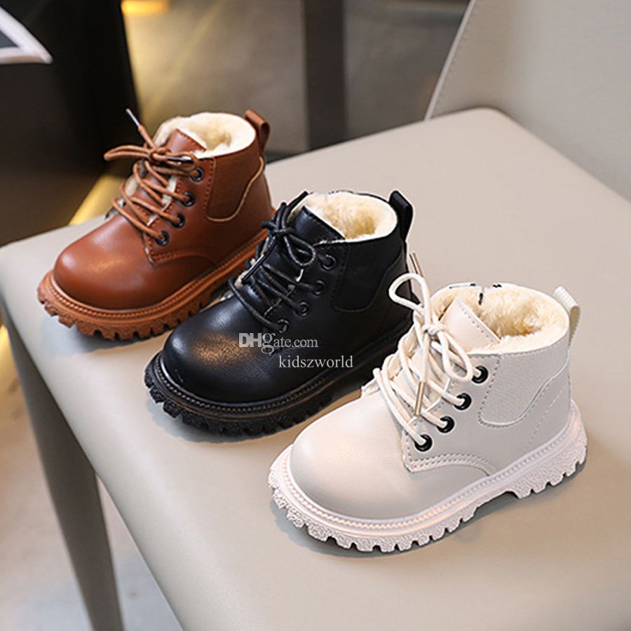 Fashion Kids Boys Girls Boots British Style Winter Warm Velvet Short Boots Kidszworld Children Casual Anti-slip Zipper Leather Shoes Sizes 21-30 sizes