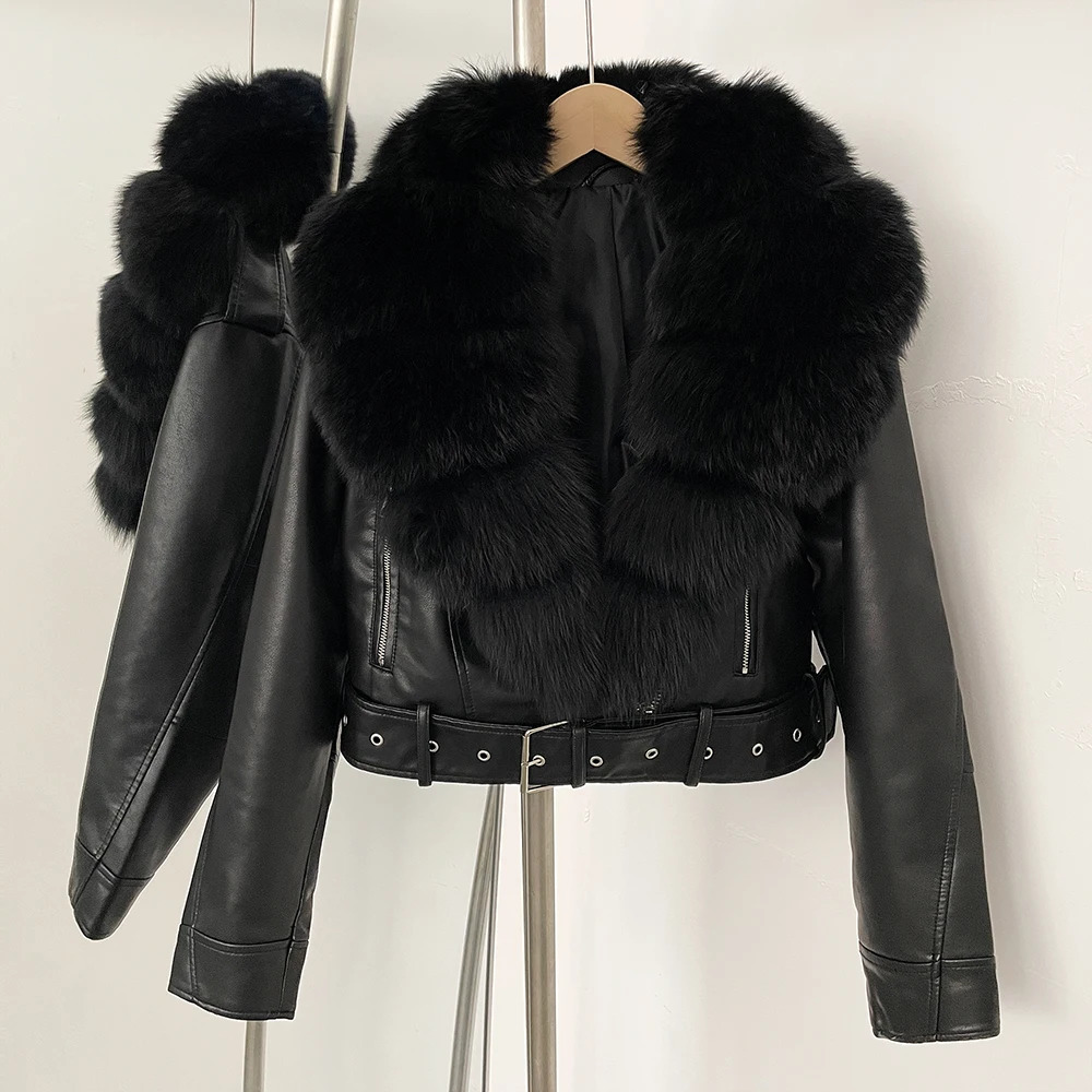 OFTBUY Natural Fur Faux Leather Jacket Female Autumn Short Top Clothing Women Long Sleeve Real Coat 250930